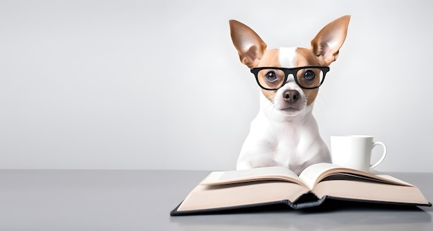 Cachorro chihuahua con anteojos y libro abierto