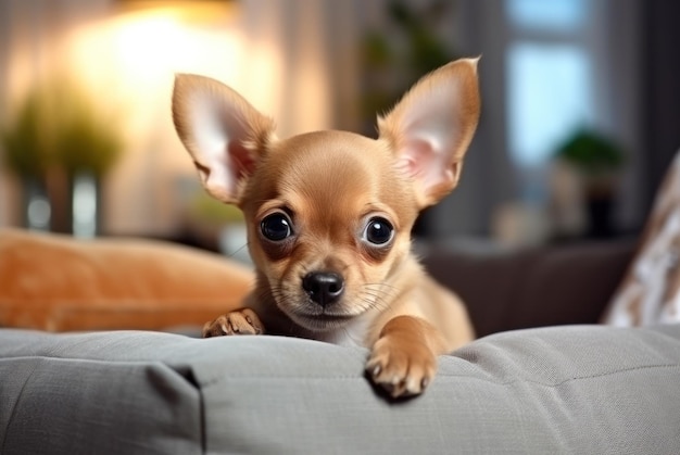 Un cachorro de Chihuahua beige de pura raza en un sofá gris en una sala de estar moderna, acogedora y brillante.