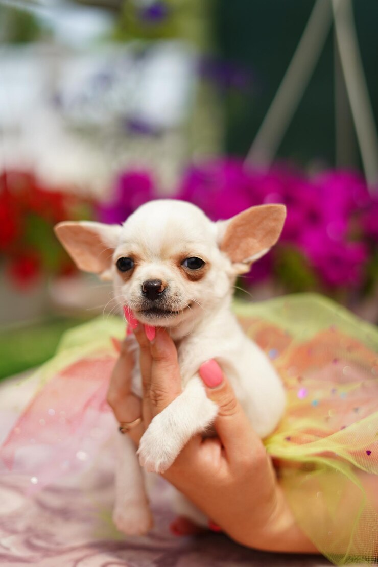 Un cachorro chihuahua blanco lindo, divertido y feliz se sienta en manos de una niña en verano