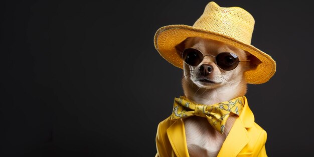 Cachorro Chihuahua de aparência legal usando espaço de vestido de moda descolado para texto no lado direito