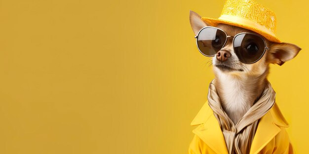 Cachorro Chihuahua de aparência legal usando vestido de moda funky espaço para texto lado direito IA generativa