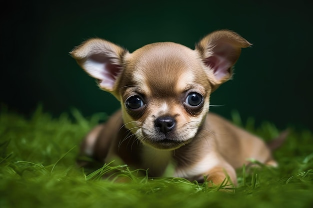 Cachorro chihuahua sobre un fondo verde