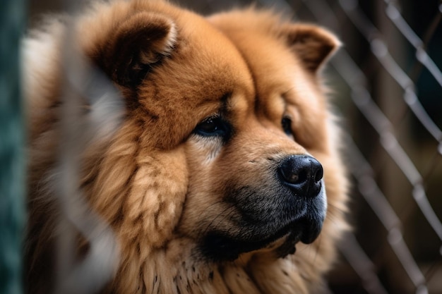 Cachorro Chow Chow olhando para frente atrás da cerca que guardava sua casa