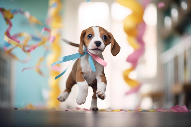 Un cachorro con una cinta de cumpleaños saltando por un regalo colgado