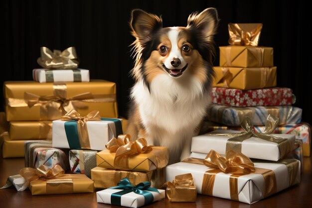Cachorro Collie senta-se contra o fundo de caixas com presentes calendário de Advento com cartão postal de animais de estimação