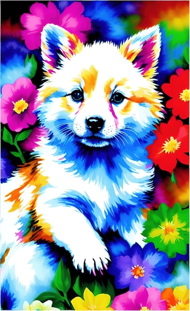 Un cachorro colorido en un campo de flores.
