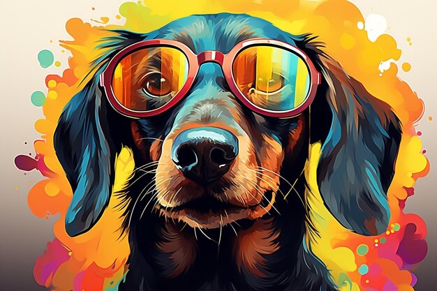 Cachorro colorido com óculos de sol cartoon fundo branco generativo AI