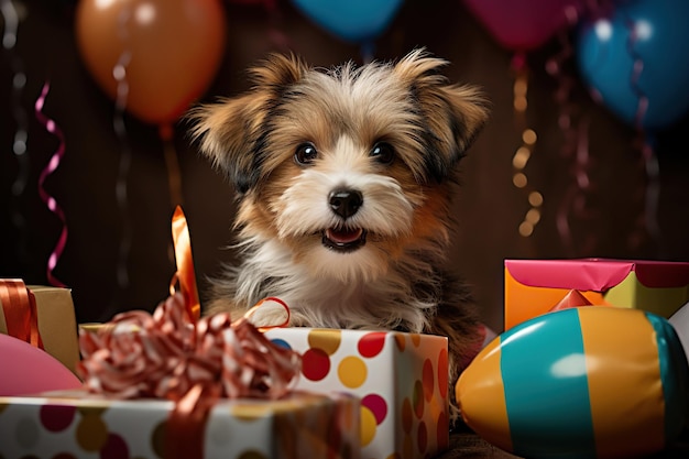 cachorro com caixa de aniversário e balões