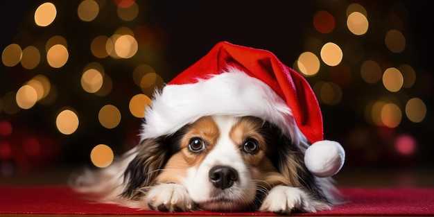 Cachorro com chapéu de Papai Noel em fundo bokeh cachorrinho com chapéu vermelho AI