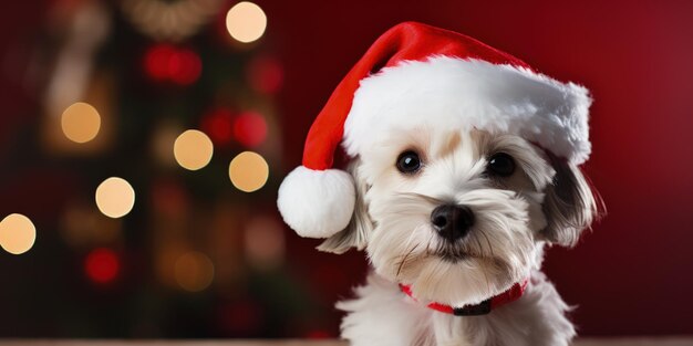 Cachorro com chapéu de Papai Noel em fundo bokeh cachorrinho com chapéu vermelho AI