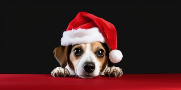 Cachorro com chapéu de Papai Noel isolado em fundo preto cachorrinho com chapéu vermelho AI