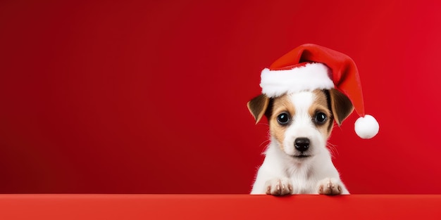 Cachorro com chapéu de Papai Noel isolado em fundo vermelho cachorrinho com chapéu vermelho AI