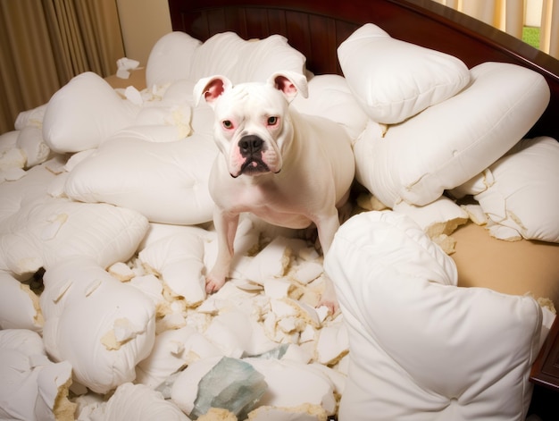 Foto cachorro com expressão travessa cercado por travesseiros rasgados