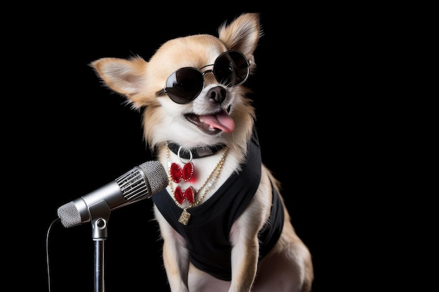 Cachorro com microfone e guitarra pronto para arrasar no palco criado com IA generativa