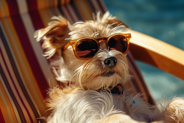 Cachorro com óculos de sol posando em uma cadeira de terraço é possível