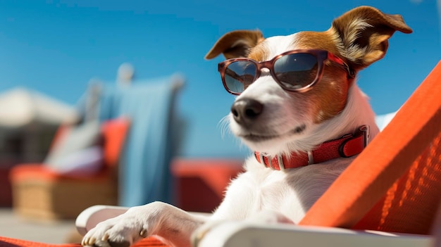 Cachorro com óculos de sol tomando banho de sol