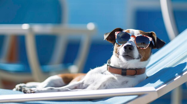 Cachorro com óculos de sol tomando banho de sol