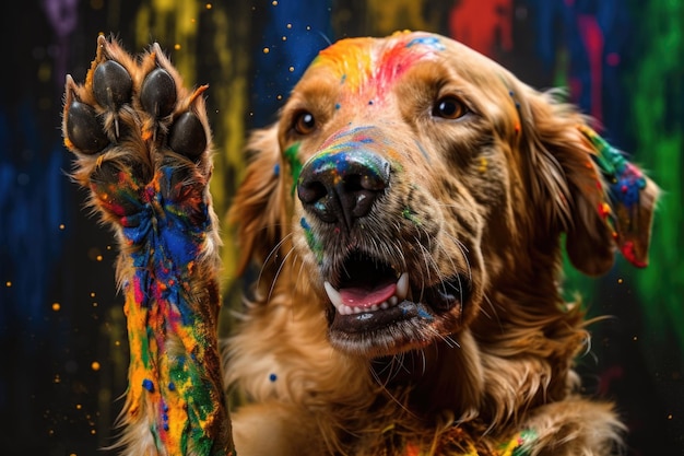 Cachorro com pata no ar pintou cores vibrantes em tela criada com IA generativa