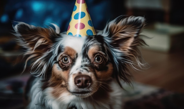 Cachorro com um boné festivo em uma IA generativa de festa de aniversário