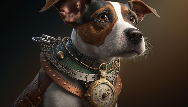 Cachorro com um cordão de relógio steampunk Ai generative