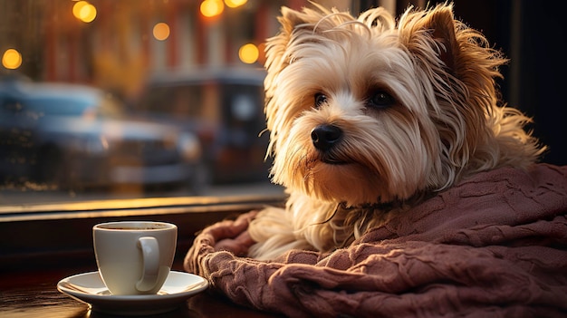 Cachorro com uma xícara de café no dia de outono