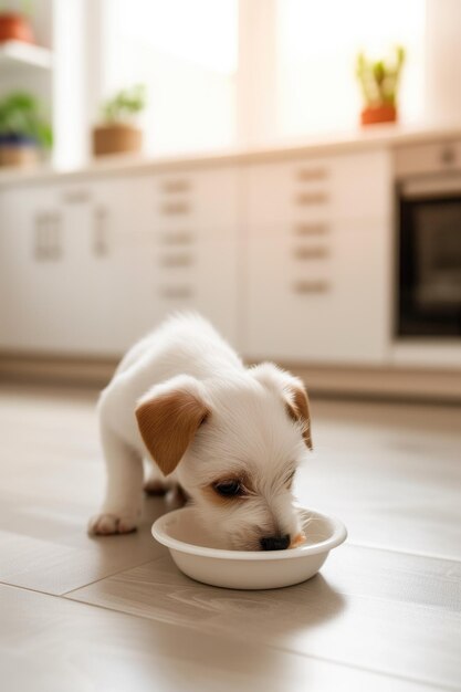 Foto el cachorro come de un cuenco blanco.