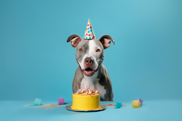 Cachorro comemora aniversário com bolo isolado sobre cartão de saudação de fundo azul Generative AI