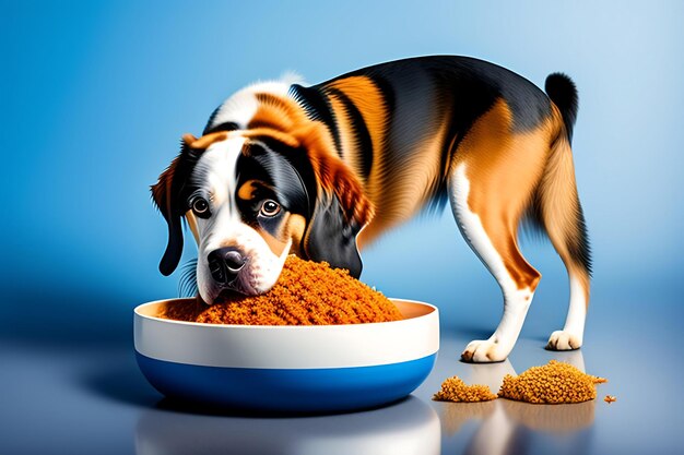 Cachorro comendo comida de tigela isolada em fundo azul