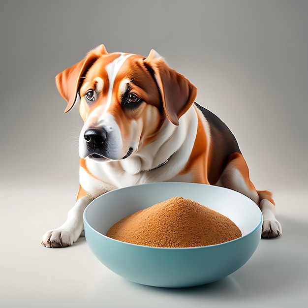 Cachorro comendo comida de tigela isolada em fundo branco