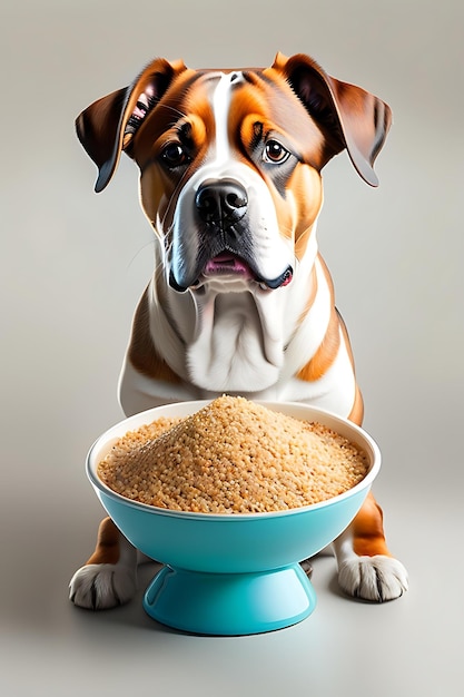 Cachorro comendo comida de tigela isolada em fundo branco