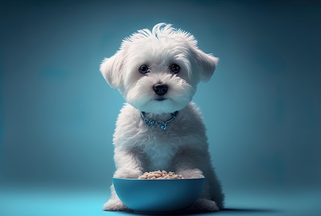 Cachorro comiendo comida en un tazón blanco sobre un fondo azul.