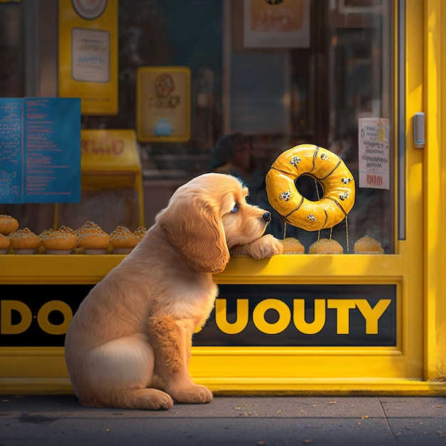 Foto cachorro comiendo donut en una tienda amarilla