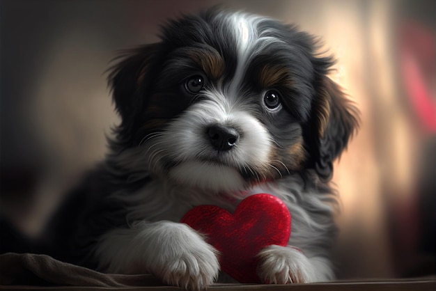 Un cachorro con un corazón en el pecho.