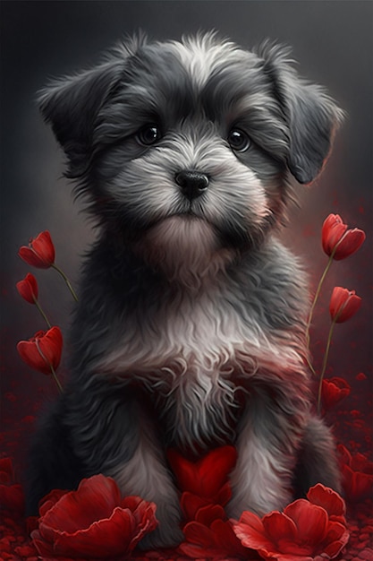 Un cachorro con un corazón en el pecho.