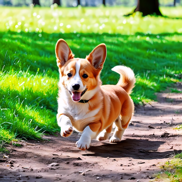 Un cachorro de corgi camina por el césped