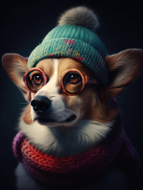 Cachorro Corgi com óculos em roupas de inverno e um gorro Generative Ai