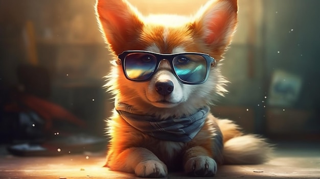 Foto cachorro corgi em óculos de sol parece um chefe retrato de ilustração legal de cachorro inteligente ia generativa