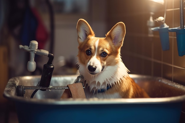 Cachorro corgi está tomando banho com espuma e bolhas geradas ai