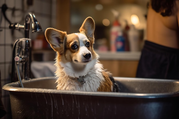 Cachorro Corgi está tomando banho com espuma e bolhas geradas ai