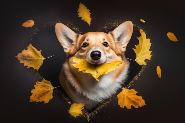 Cachorro corgi fofo segurando folhas de outono na boca IA generativa