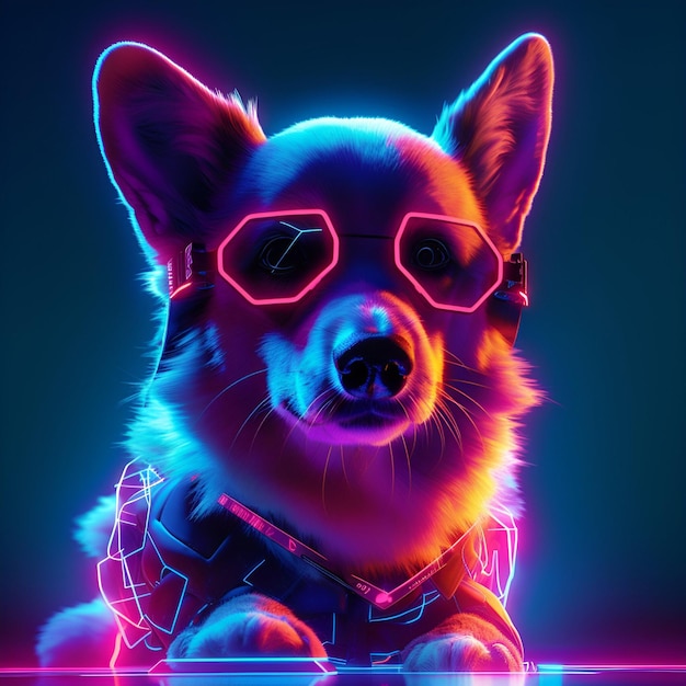 Cachorro Corgi usando óculos neon em uma atmosfera futurista de ficção científica Conteúdo gerado por IA