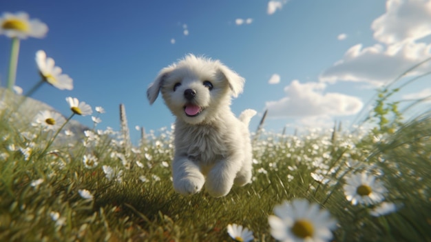 Un cachorro corre por un campo de flores.