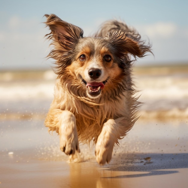 Cachorro correndo na praia