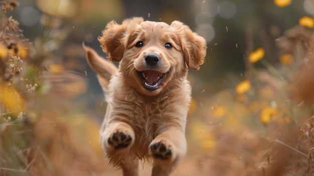 Un cachorro corriendo por un campo de flores amarillas