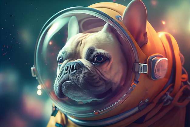 Cachorro cosmonauta fofo vestido com um traje espacial com capacete