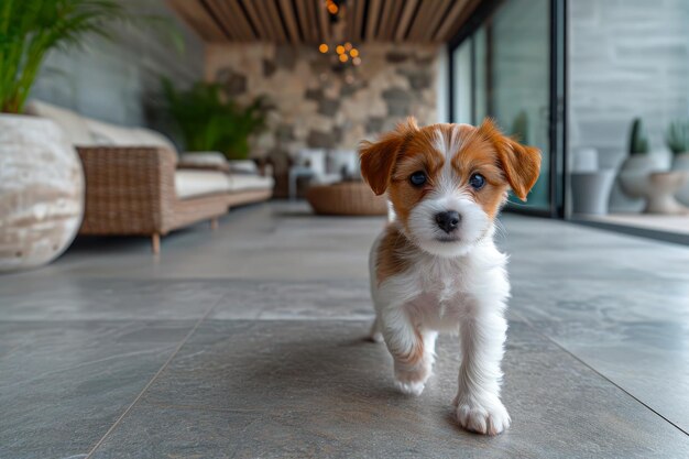 Foto cachorro curioso en el interior con una mirada suave