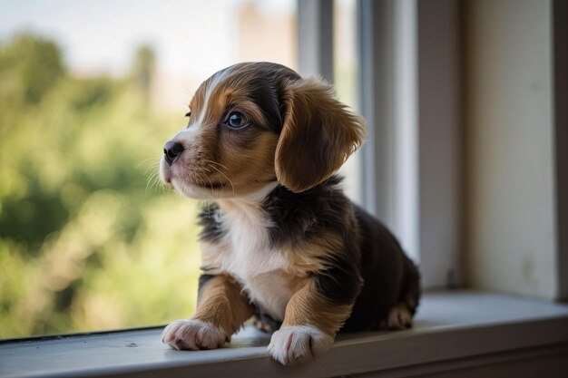 Un cachorro curioso mirando por la ventana en un día soleado