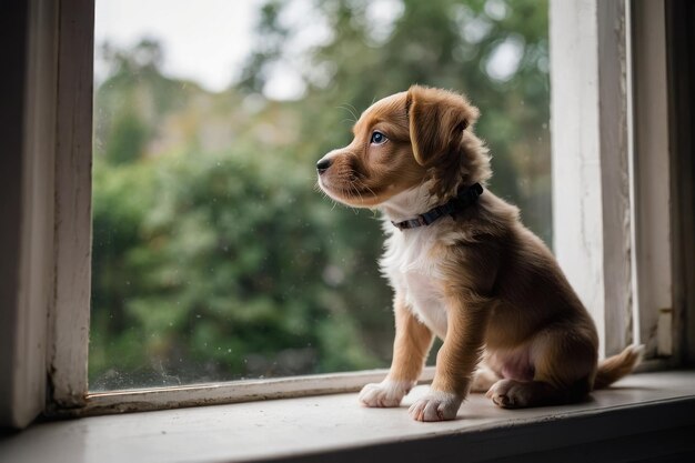 Cachorro curioso olhando pela janela num dia ensolarado