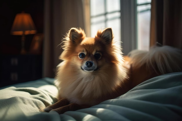 Cachorro da Pomerânia fofo com um olhar brincalhão