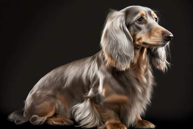 Cachorro dachshund de cabelos compridos cinza na ilustração de ai generativa de fundo escuro